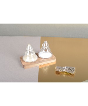 GLASS CHRISTMAS TREE SALT AND PEPPER SET WITH WOODEN TRAY