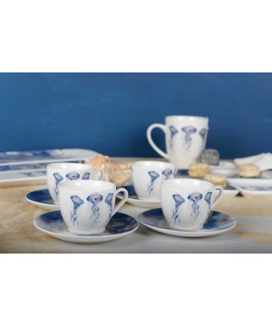 SET OF 4 COFFEE CUPS WITH SAUCERS JELLYFISH