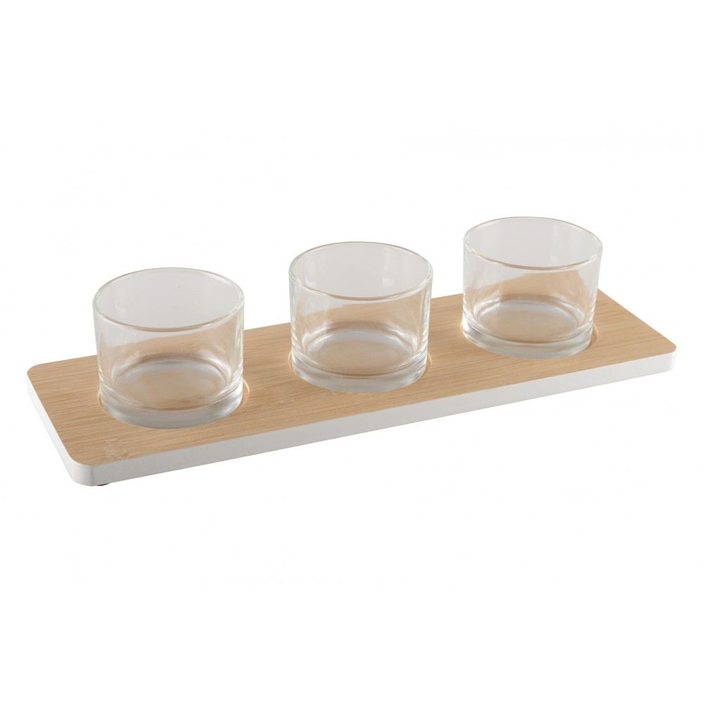 APETIZER SET 3 GLASS DISHES ON WOODEN TRAY