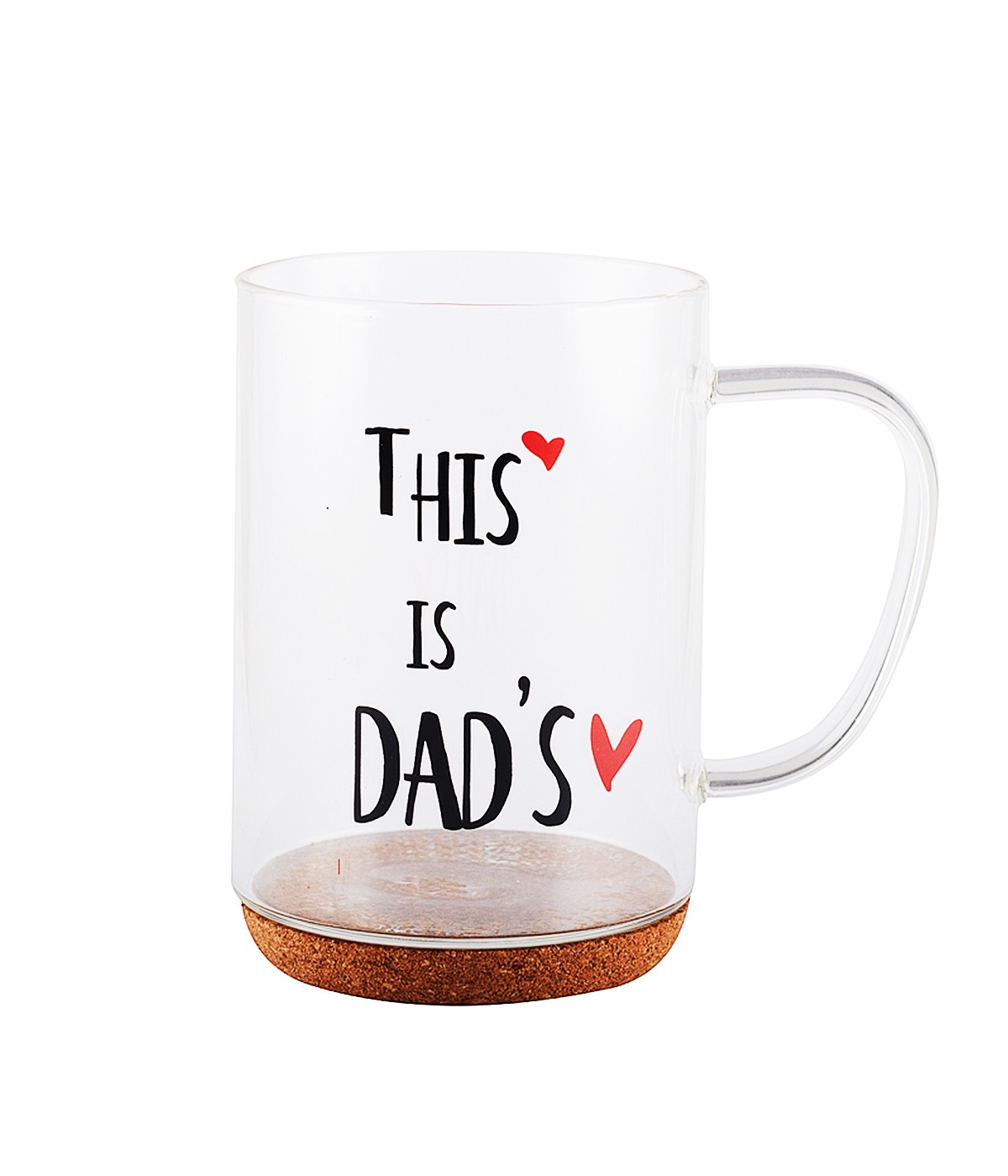 Glass mug with cork bottom and "dad" inscription