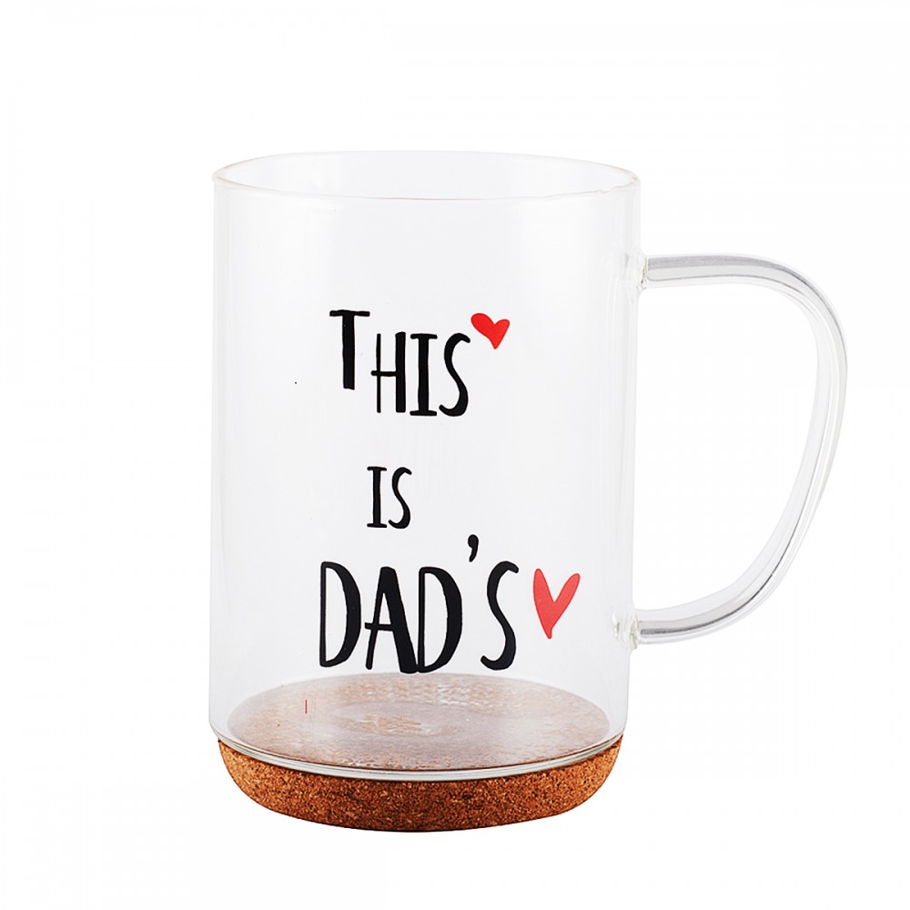 Glass mug with cork bottom and "dad" inscription