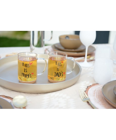 Glass mug with cork bottom and "dad" inscription