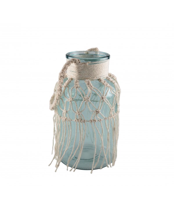 Aqua green glass vase with macramé h.26cm