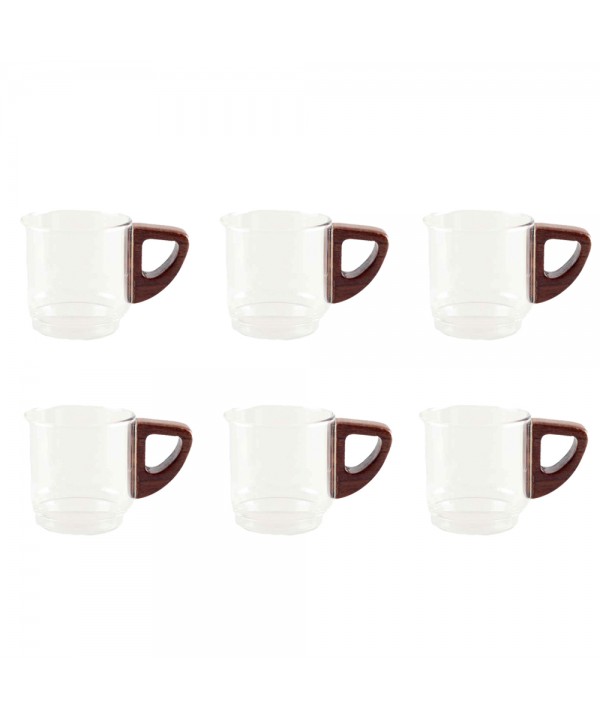 Glass coffee cups with wooden handle 5.5x5.5x8.3cm - set of 6