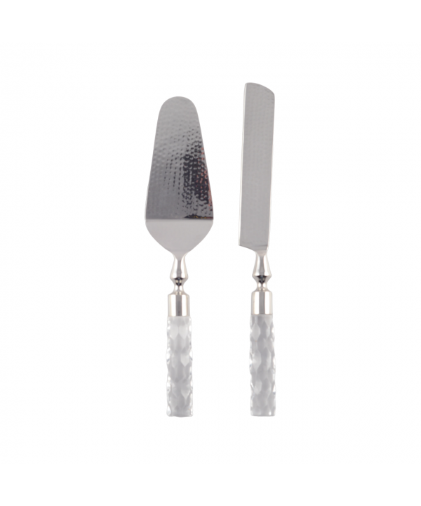 Hammered silver cake server and knife