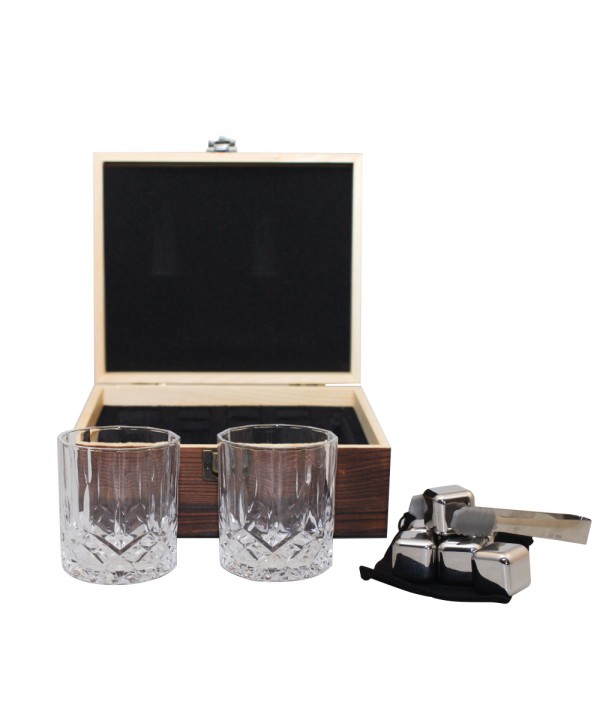 Wooden whiskey box with 2 glasses, ice bag, and tongs