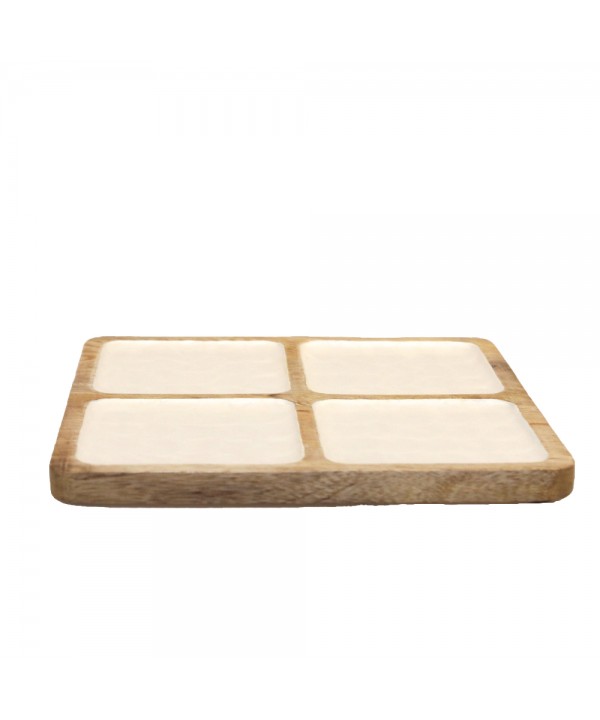 White square dish with 4 compartments in mango wood