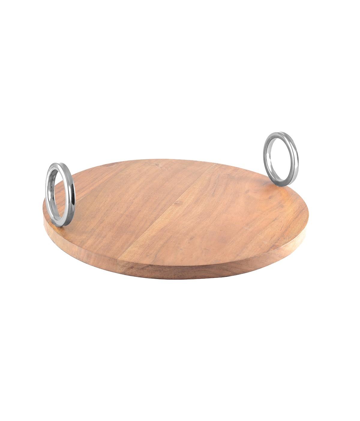 Plateau rond en bois avec anse argent 38x38x11cm