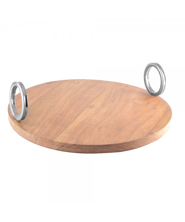 Plateau rond en bois avec anse argent 38x38x11cm