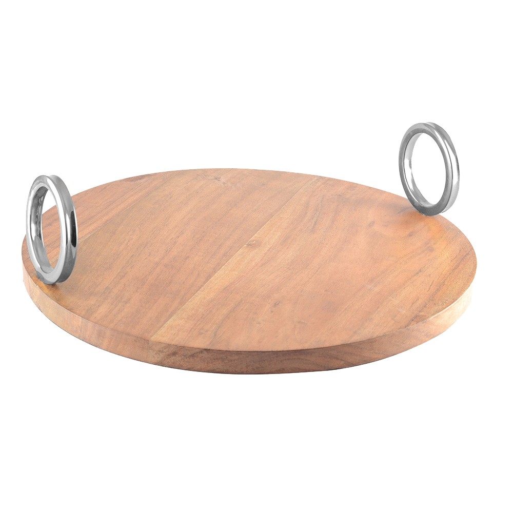 Plateau rond en bois avec anse argent 38x38x11cm