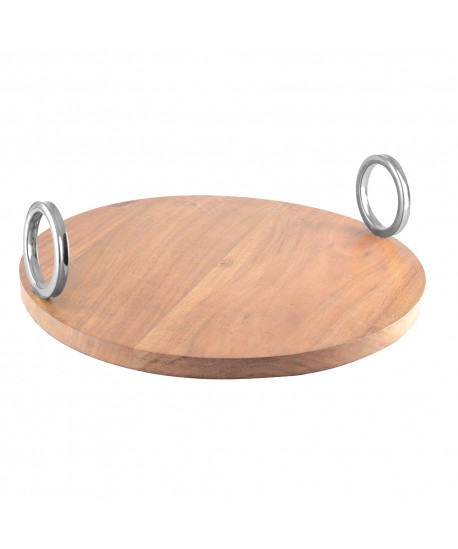Plateau rond en bois avec anse argent 38x38x11cm
