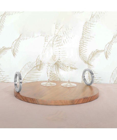 Plateau rond en bois avec anse argent 38x38x11cm