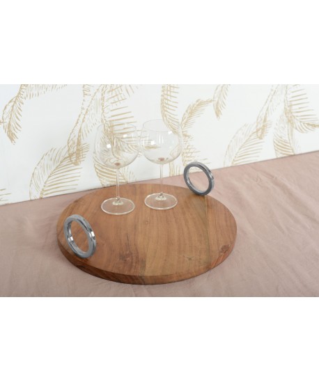 Plateau rond en bois avec anse argent 38x38x11cm