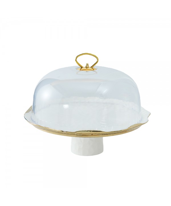 Cloche à gâteaux en porcelaine blanche bords dorés avec pelle à tarte