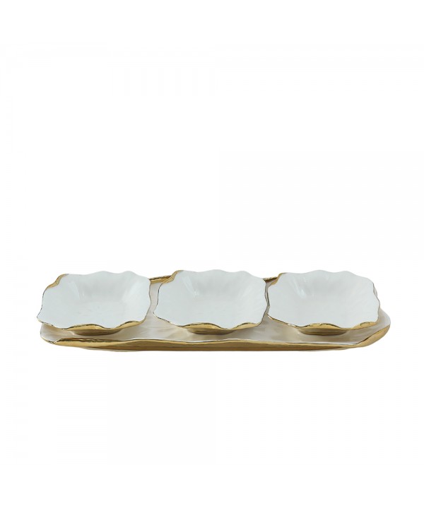 Set de 3 coupelles sur plateau en porcelaine blanche bords dorés