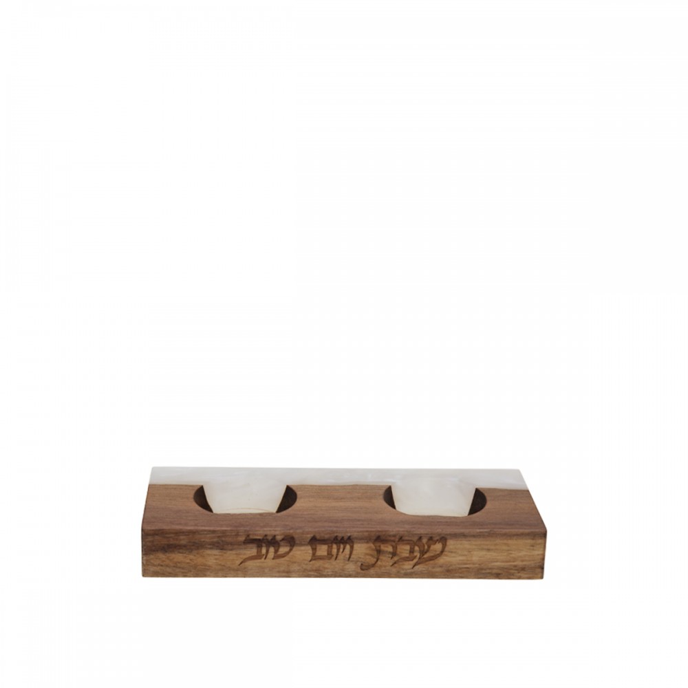 Double candlestick in wood and beige resin 15x6x2cm