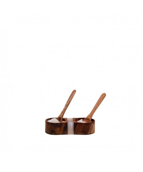 Salière et poivrière en bois et résine beige avec cuillères