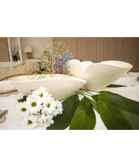 Saladier en céramique mat beige floral 41x31.5x20cm