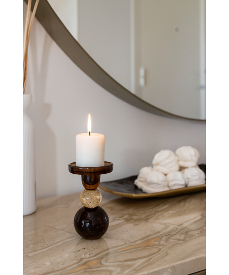 Mocha and amber glass bubble candlestick 8.5x8.5x13cm