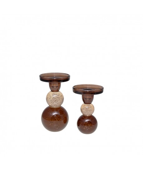 Mocha and amber glass bubble candlestick 8.5x8.5x13cm