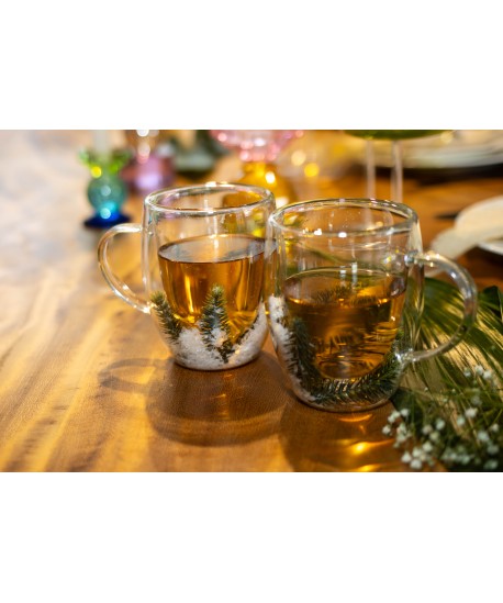 Double-walled teacups white and green flowers 350ml - pack of 2