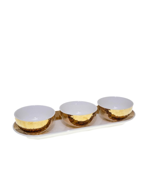 Set de 3 coupelles blanches et dorées sur plateau