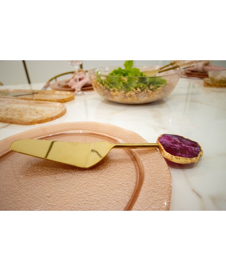 Gold-plated tart server pink agate stone