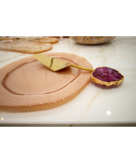 Gold-plated tart server pink agate stone