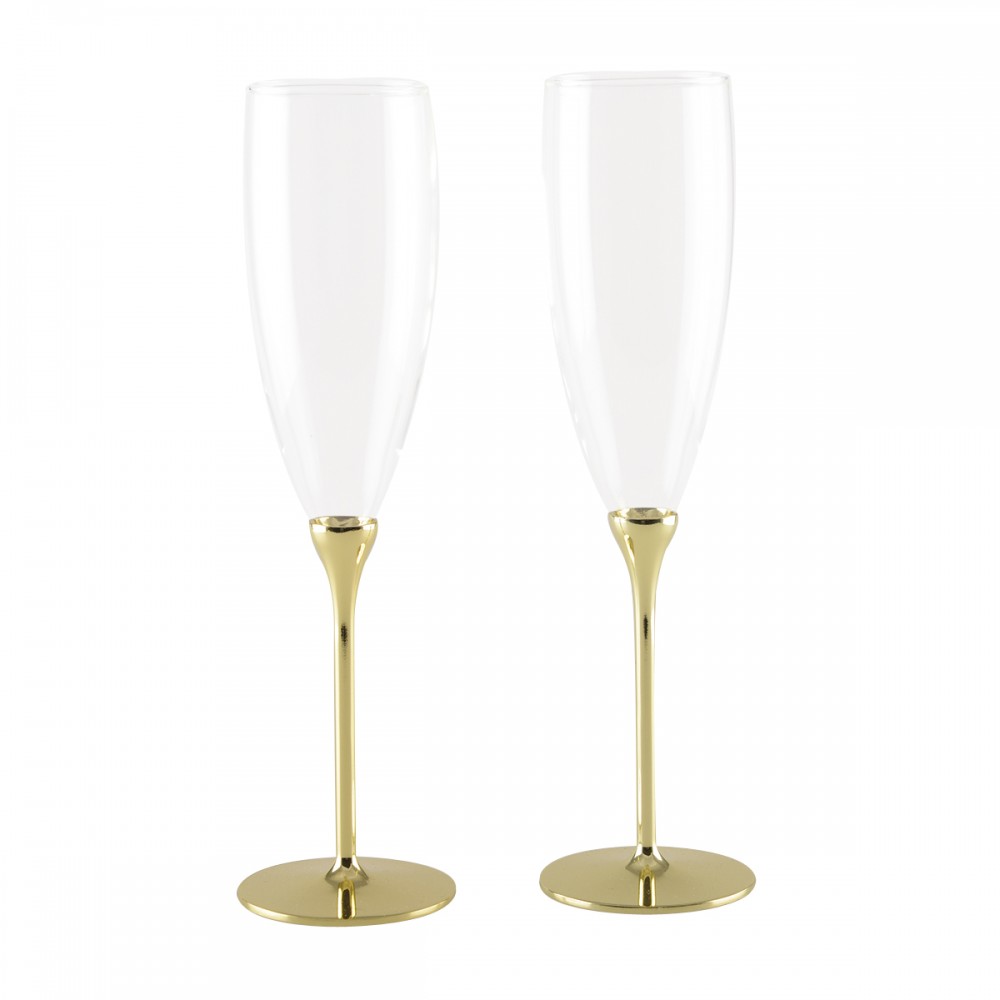 Glass champagne flutes with gold metal stem - set of 2