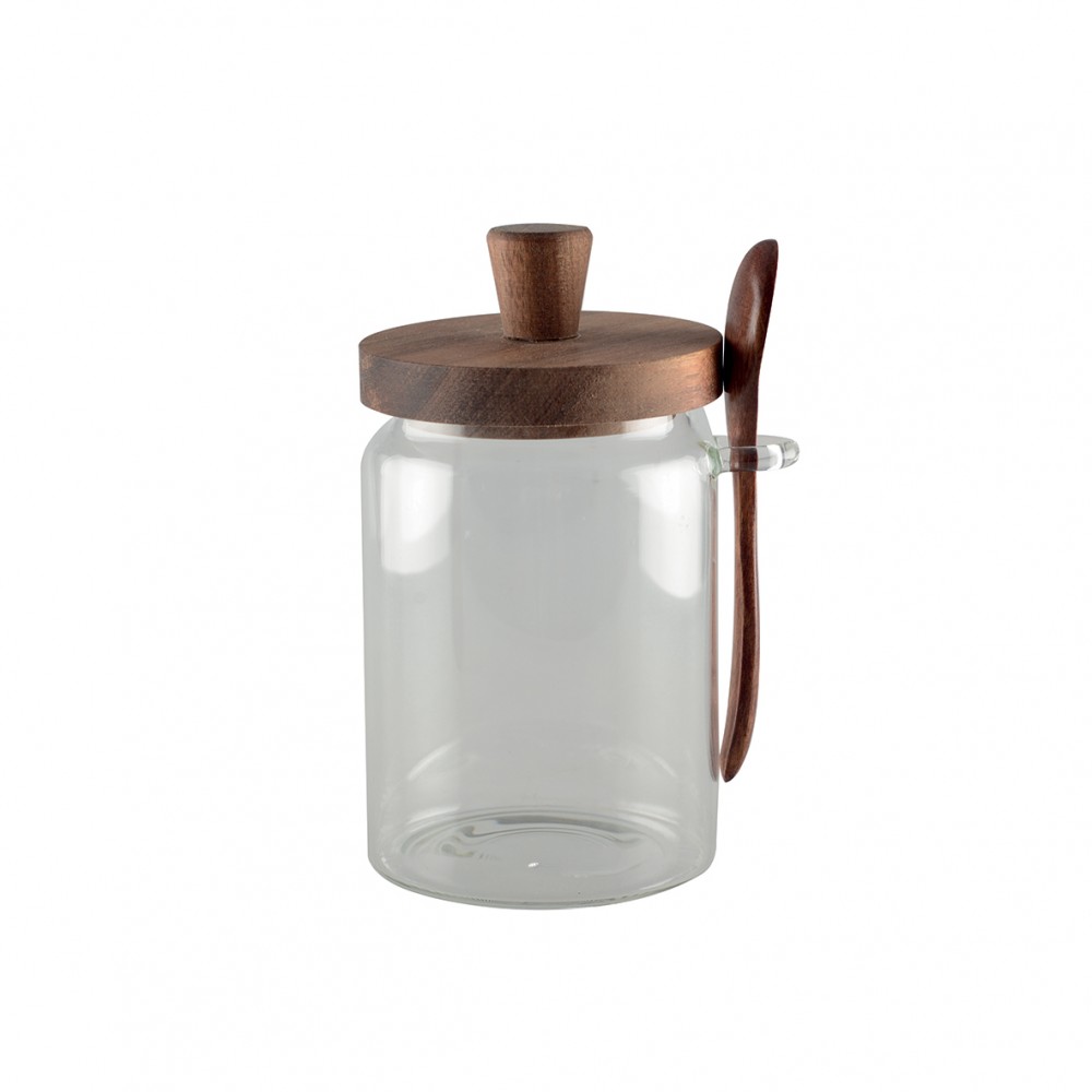 Glass sugar pot with lid and wooden spoon
