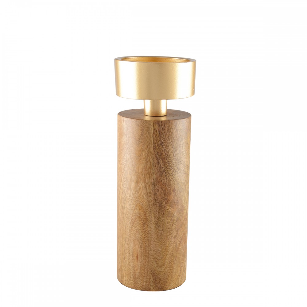 Wood and gold metal candlestick 23cm