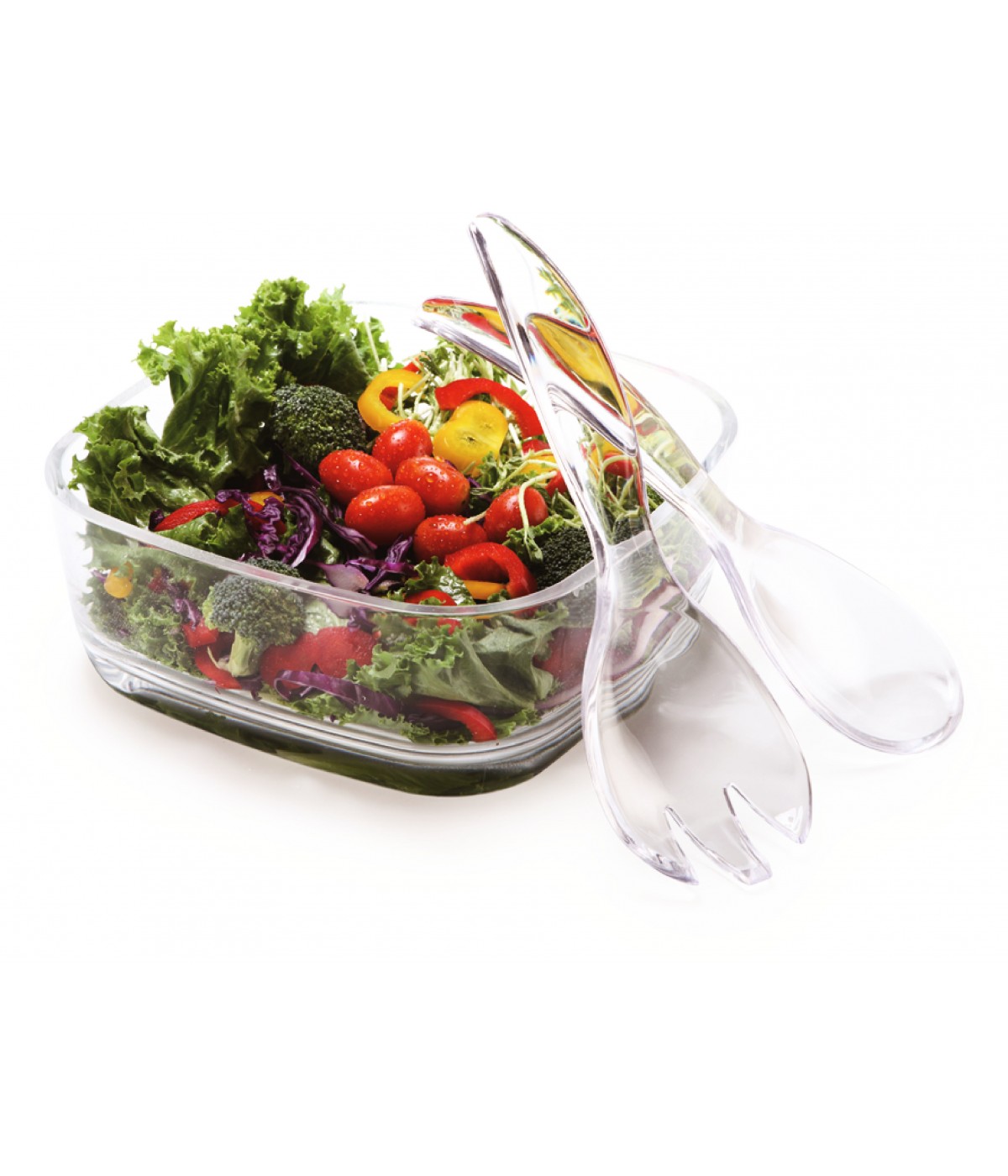 Square salad bowl and acrylic salad servers