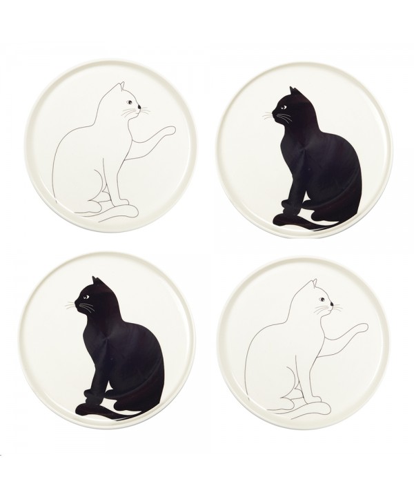 Assiettes a dessert chat noir et blanc - lot de 4