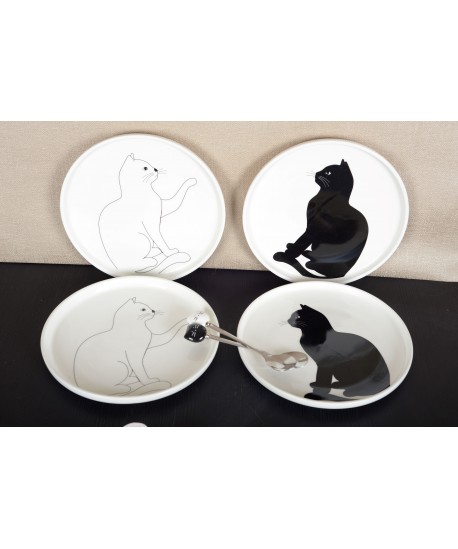 Assiettes a dessert chat noir et blanc - lot de 4