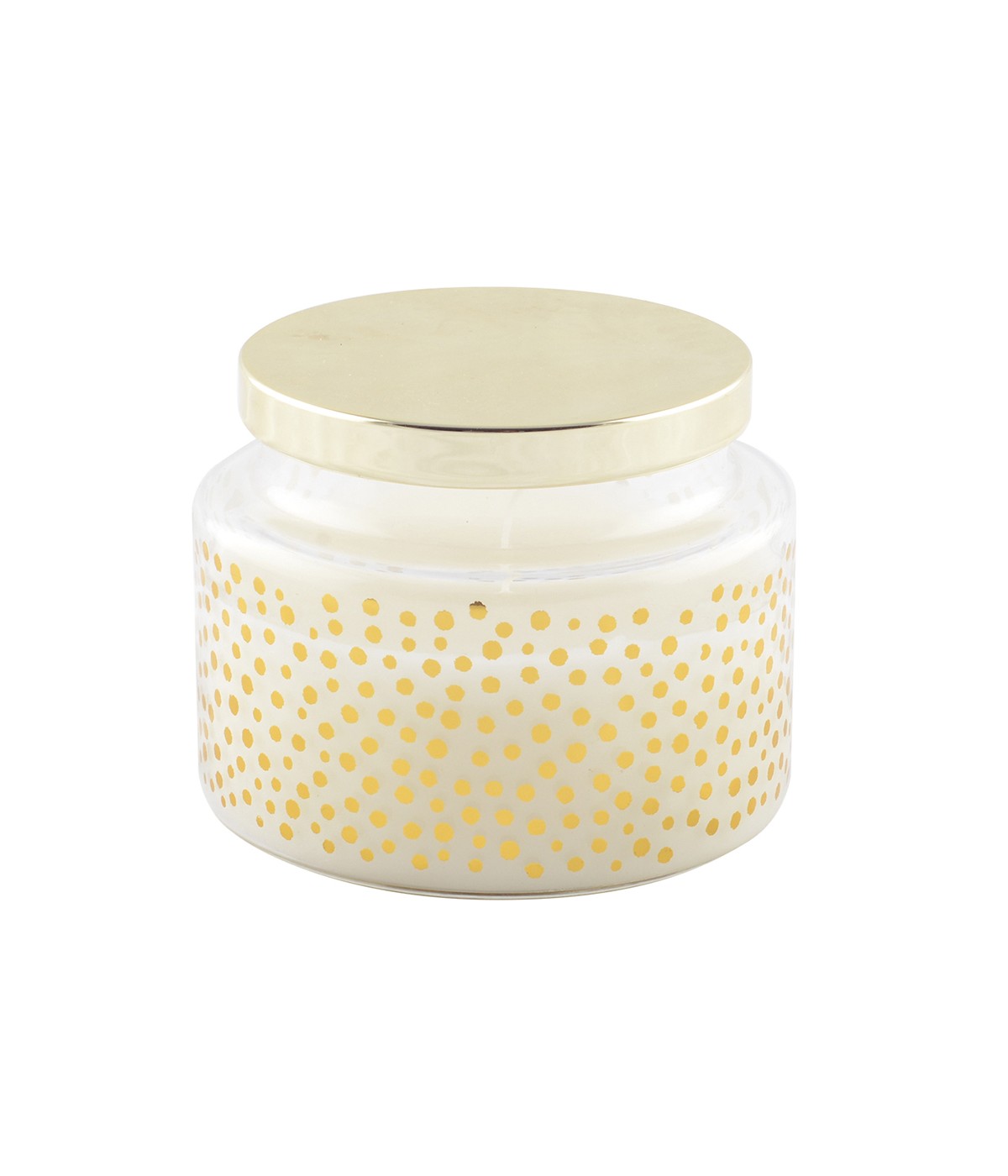 Round candle with small dots and golden cover sage scent