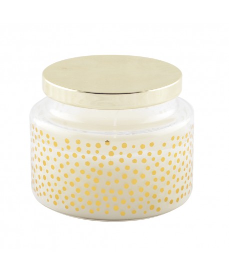 Round candle with small dots and golden cover sage scent