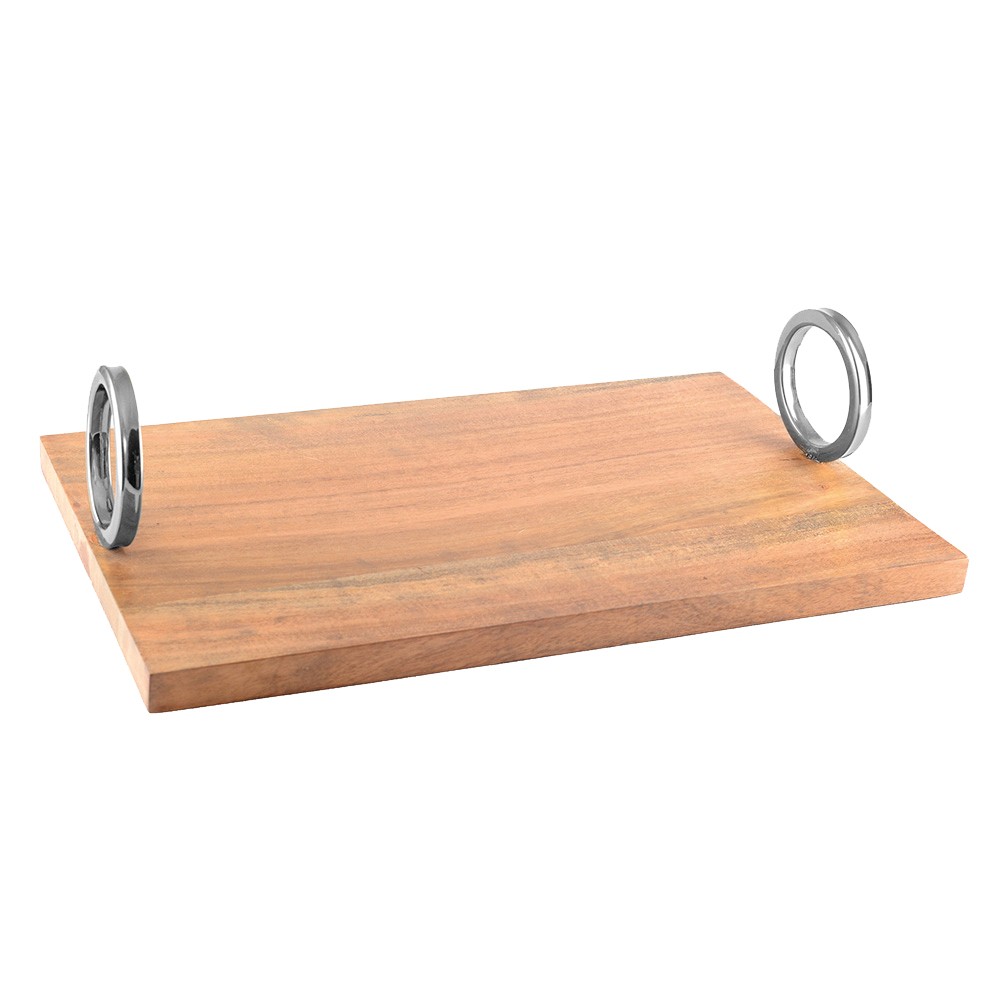 Plateau rectangulaire en bois avec anse argent 40x26x11cm
