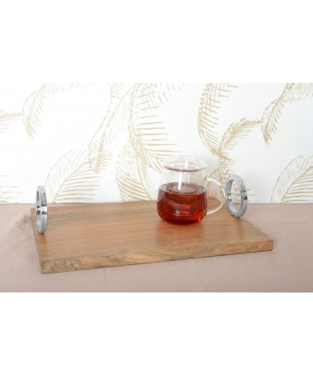 Plateau rectangulaire en bois avec anse argent 40x26x11cm