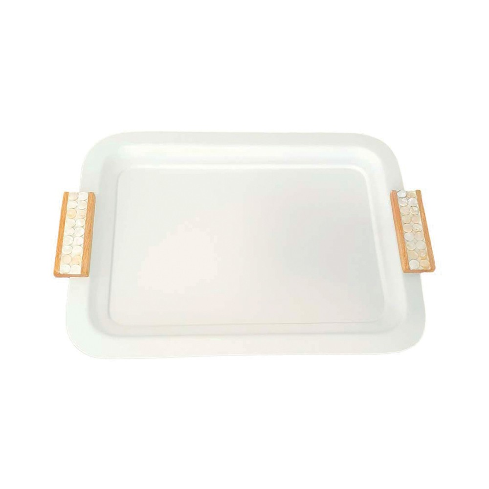 Plateau blanc rectangulaire avec poignées en bois 41x31cm