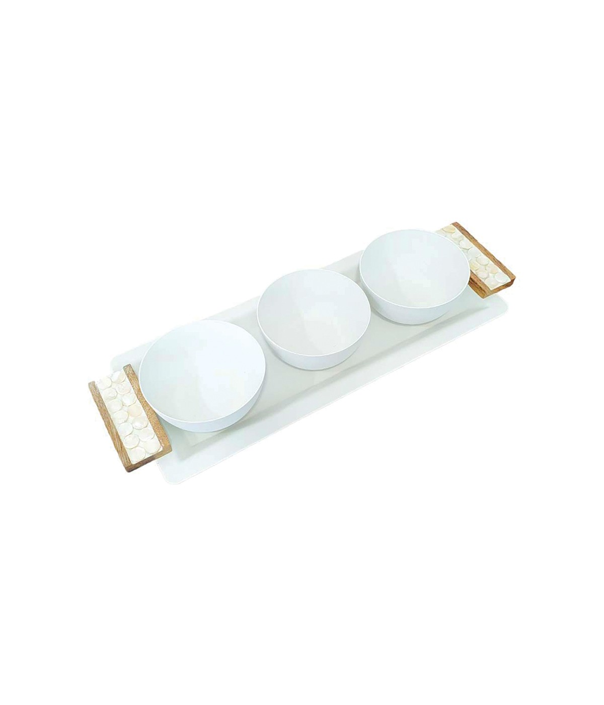 Set apéritif de 3 coupelles sur plateau blanc et bois 33x14cm