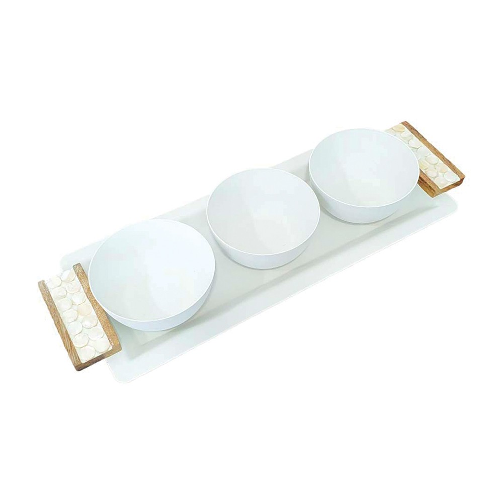 Set apéritif de 3 coupelles sur plateau blanc et bois 33x14cm