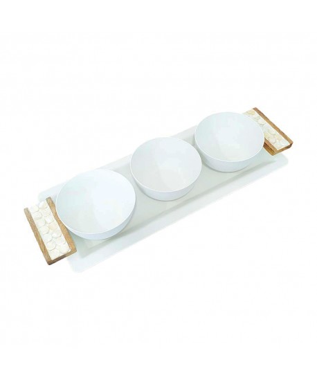 Set apéritif de 3 coupelles sur plateau blanc et bois 33x14cm