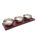 Aperitif set 3 silver bowls on wooden tray 35x11cm
