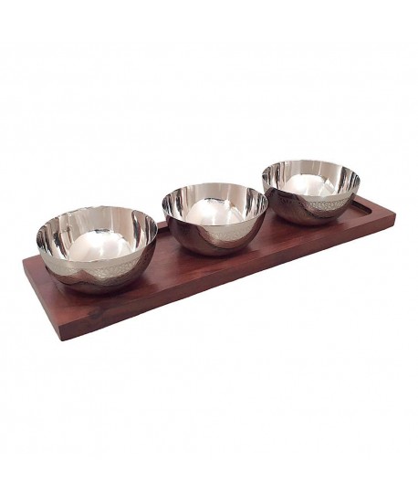 Aperitif set 3 silver bowls on wooden tray 35x11cm