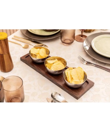 Aperitif set 3 silver bowls on wooden tray 35x11cm