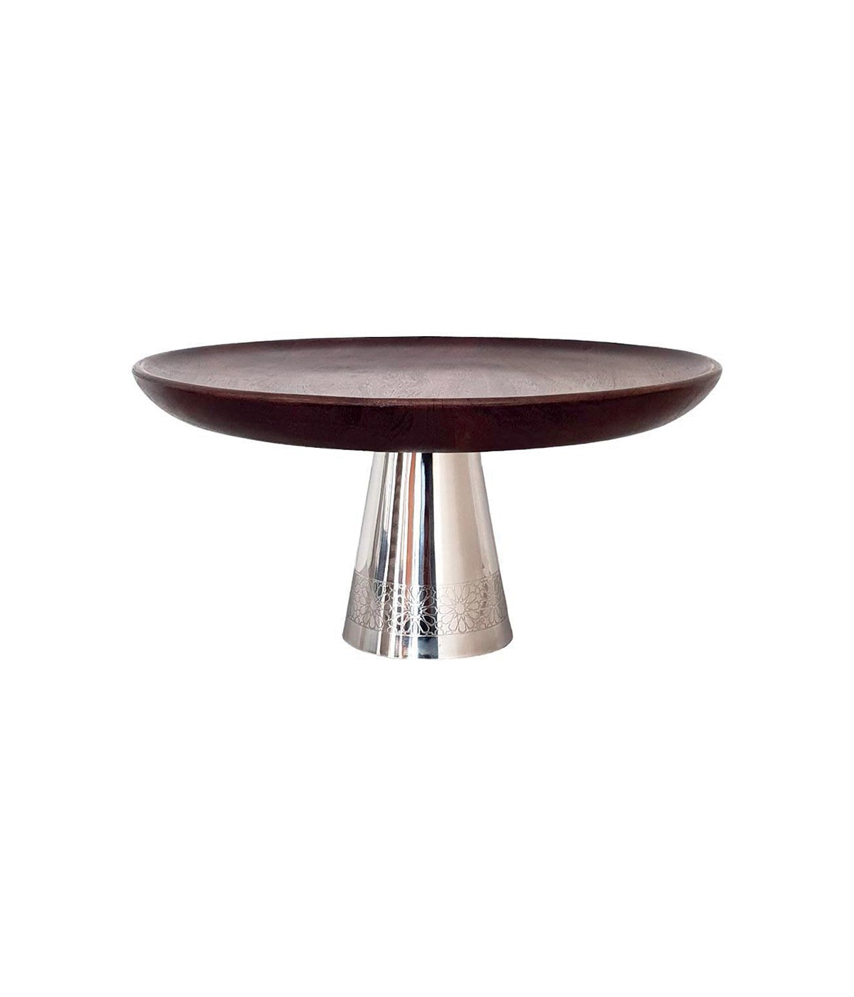 Wood tart platter on silver metal stand 30x30x14.5cm