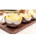 Aperitif set 3 silver bowls on wooden tray 35x11cm