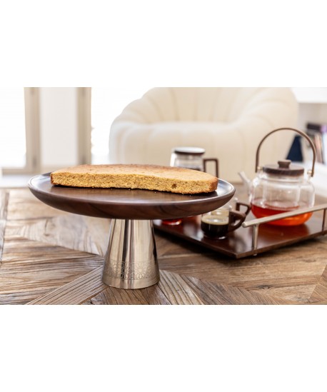 Wood tart platter on silver metal stand 30x30x14.5cm