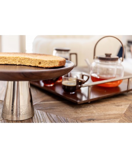 Wood tart platter on silver metal stand 30x30x14.5cm