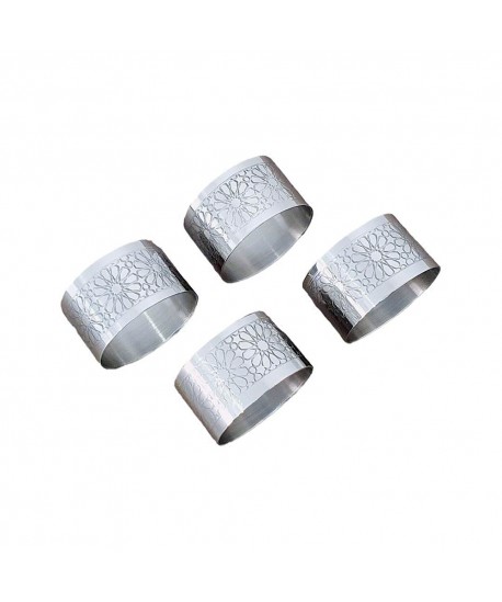 Lot de 4 ronds de serviettes métal argent design fleurs 5x5x2.5cm